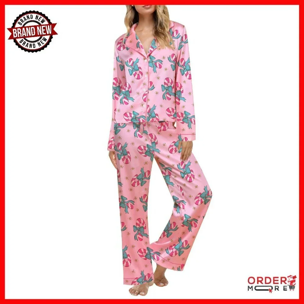 Satin Silk Pajama Set 2-Piece Long Sleeve Button Down Shirt Pants